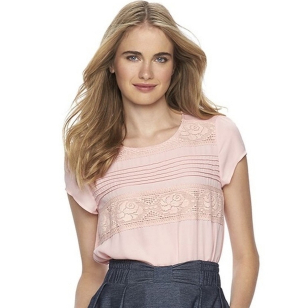 LC Lauren Conrad Pink Pleated Lace Blouse Women's Small S Tie Back Cap Sleeve